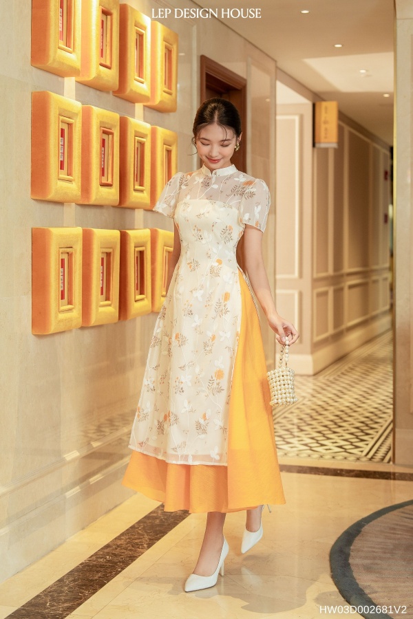 Váy chữ A cách điệu phối ren màu vàng | Váy Đầm
